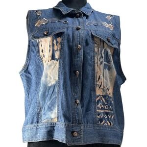 Saint Germain Vintage Denim Vest Batik‎ Panels Blue L southwestern USA earthy